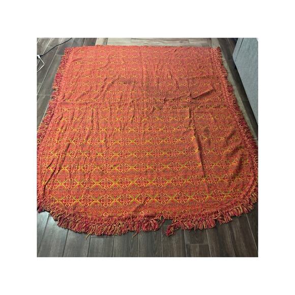 VTG 1970s Damask Bedspread Red Brocade Fringe Edging 78"x100" Boho Full Bedding - Picture 8 of 14